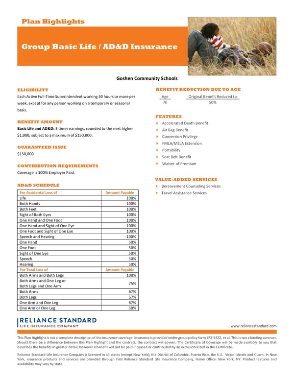 Class 1 Basic Life Highlight Sheet for Goshen Community Schools - Page 1