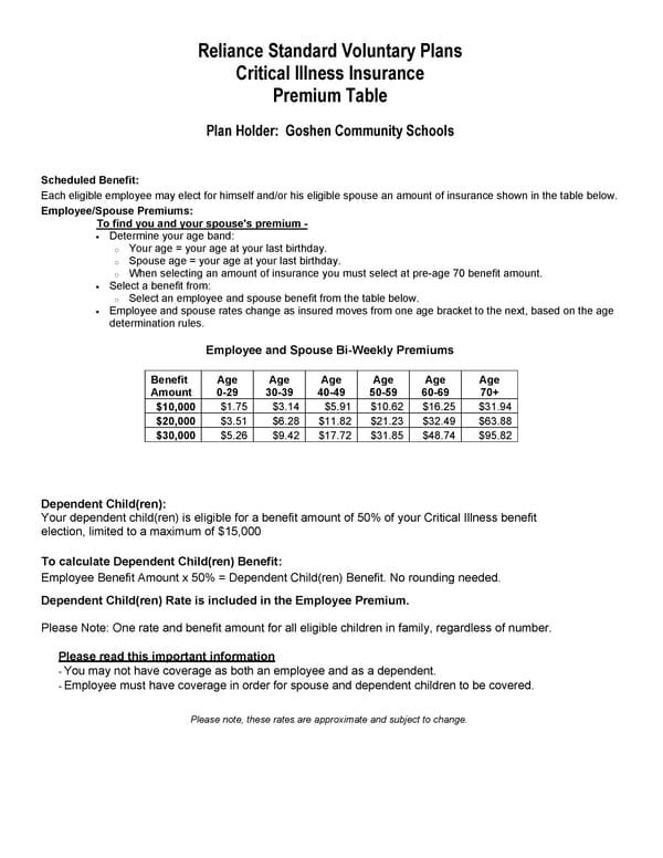 26-Pay Voluntary Critical Illness Premium Table - Page 1