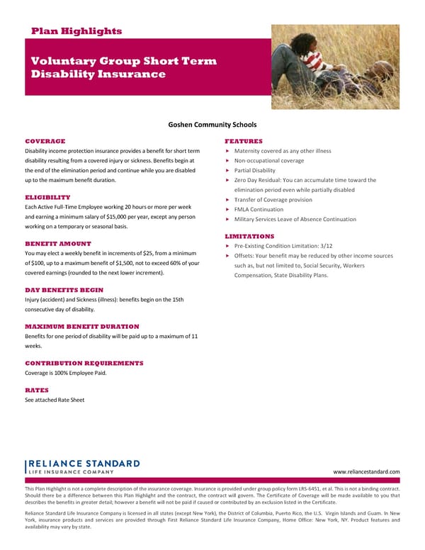 Voluntary Short Term Disability Highlight Sheet - Page 1