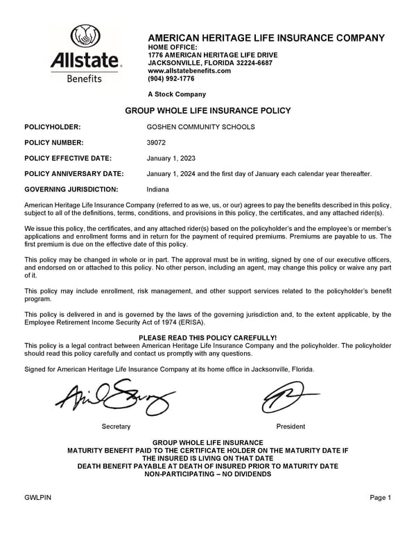 Group Whole Life Policy - Page 1