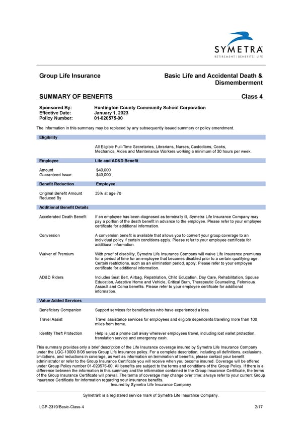 Basic Plan Summary CL4 - Page 1
