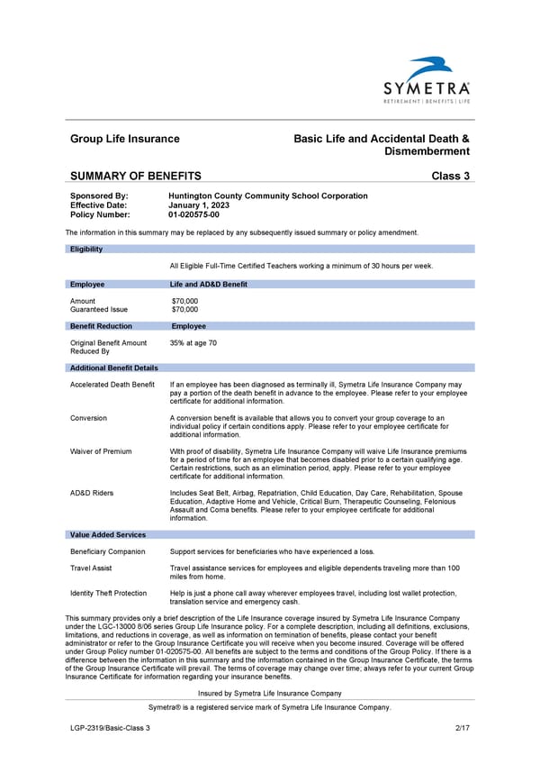Basic Plan Summary CL3 - Page 1