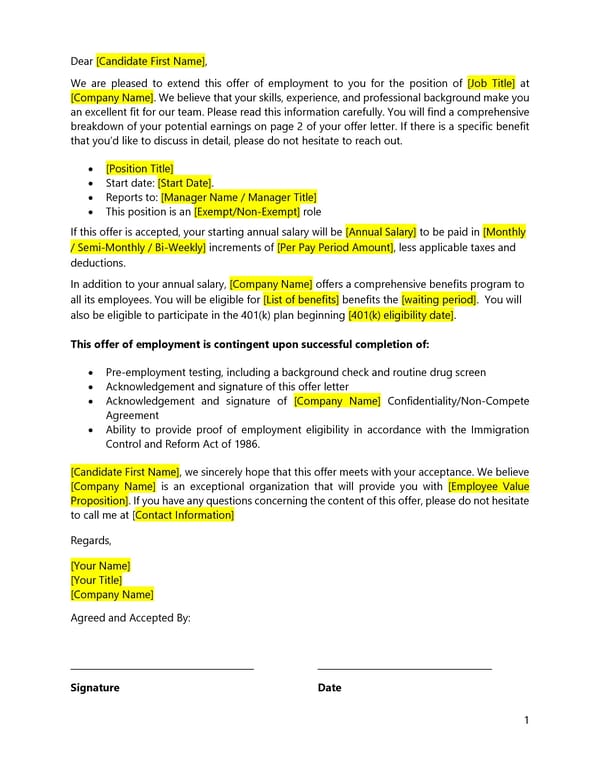 Offer Letter w/ Total Compensation Information - Page 1