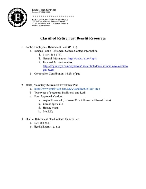 Classified Retirement Benefit Resources - Page 1