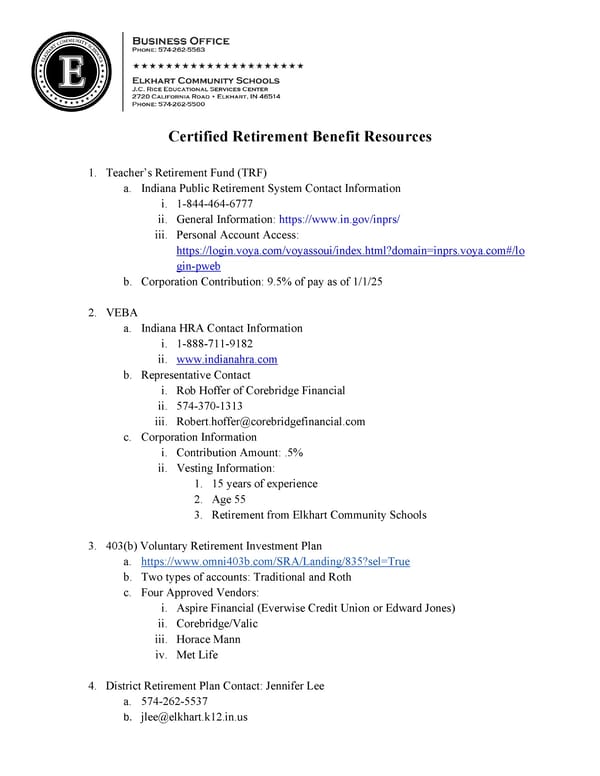 Certified Retirement Benefit Resources for Elkhart Community Schools - Page 1