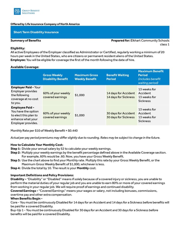 Short Term Disability Insurance Summary - Page 1