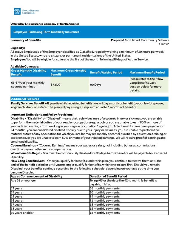 Elkhart Community Schools benefit summary class02 LTD - Page 1