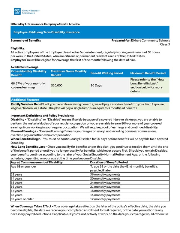 Summary of Benefits: Employer-Paid Long Term Disability Insurance - Page 1