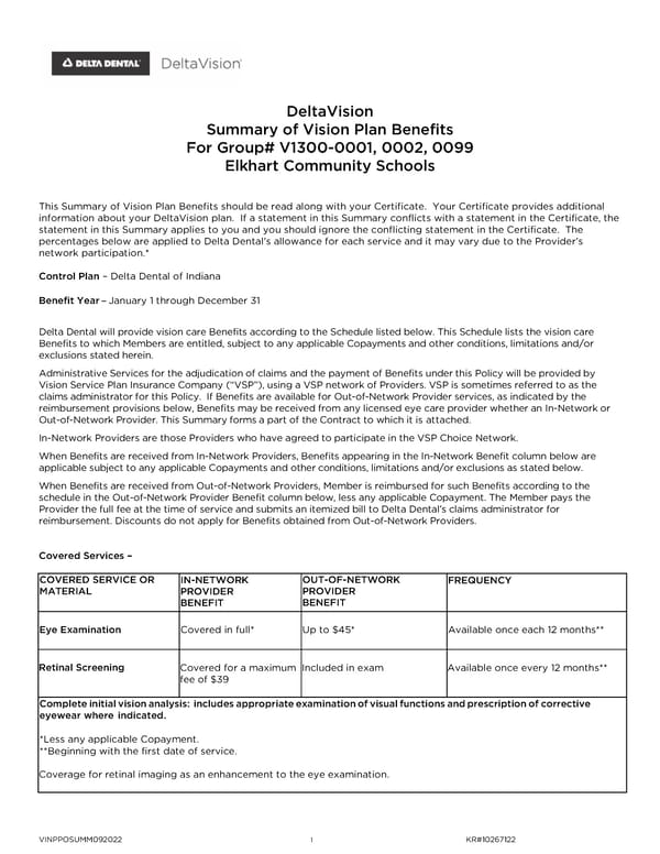 DeltaVision Summary of Vision Plan Benefits for Elkhart Community Schools - Page 1