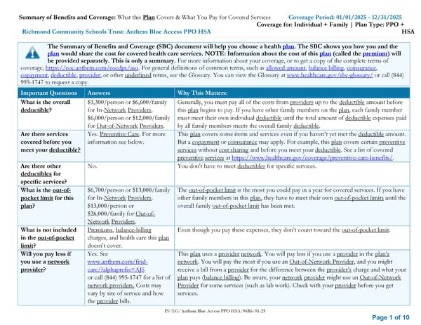 Summary of Benefits and Coverage: Anthem Blue Access PPO HSA - Page 1