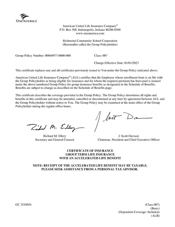 Group Term Life Insurance Certificate with Accelerated Life Benefit - Page 1