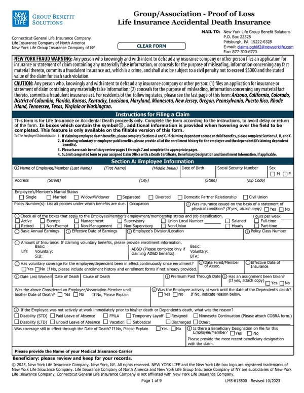 Group/Association - Proof of Loss: Life Insurance Accidental Death Insurance - Page 1