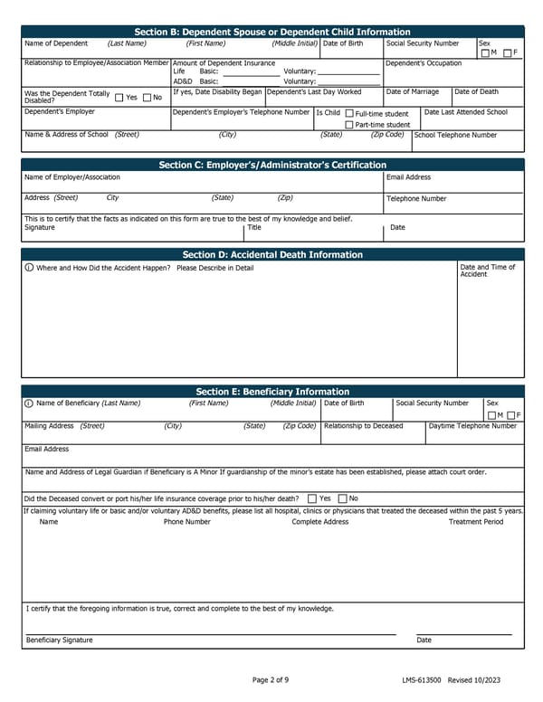 Group/Association - Proof of Loss: Life Insurance Accidental Death Insurance - Page 2