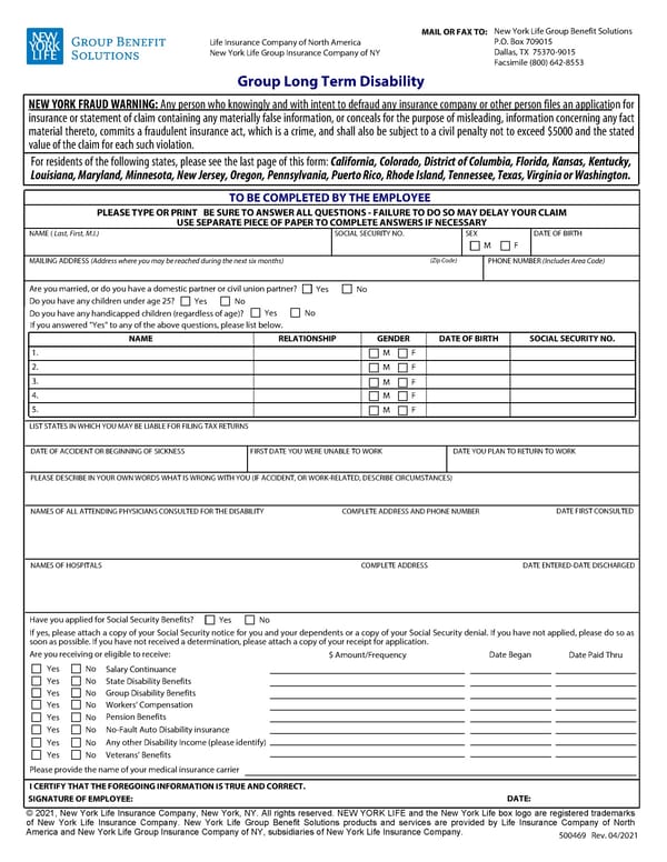 Group Long Term Disability Claim Form - Page 1