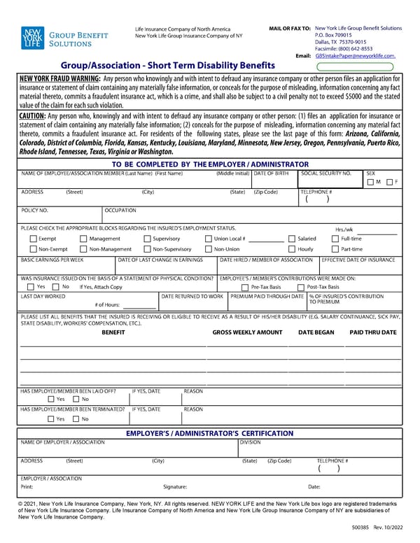 Group/Association Short Term Disability Benefits Form - Page 1