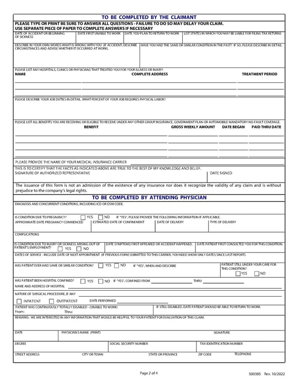 Group/Association Short Term Disability Benefits Form - Page 2
