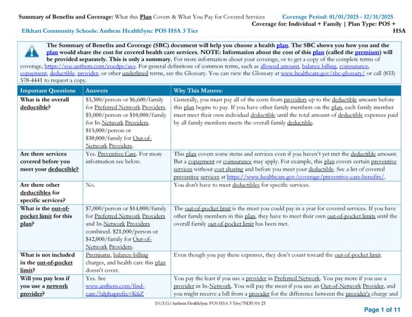 Summary of Benefits and Coverage for Elkhart Community Schools Health Plan - Page 1