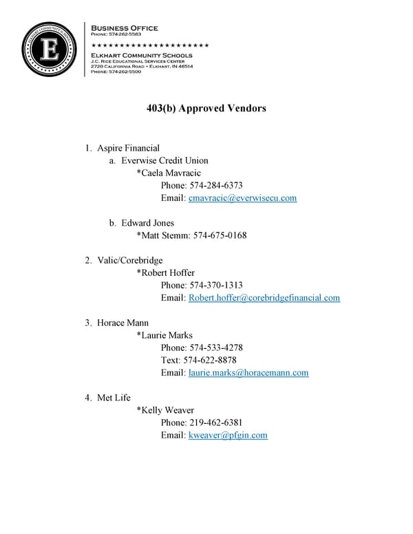 Elkhart Community Schools: 403(b) Approved Vendors - Page 1