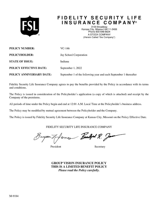 Fidelity Security Life Insurance Company Group Vision Insurance Policy - Page 1