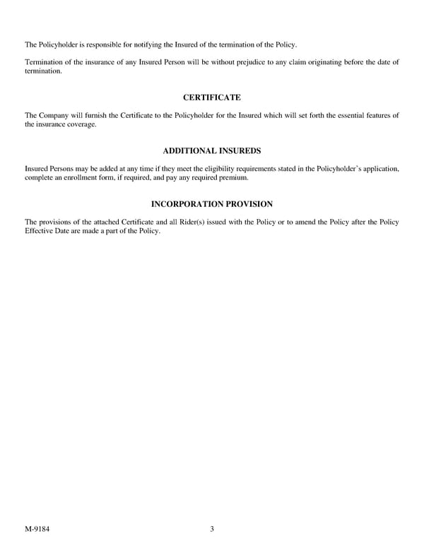 Fidelity Security Life Insurance Company Group Vision Insurance Policy - Page 3