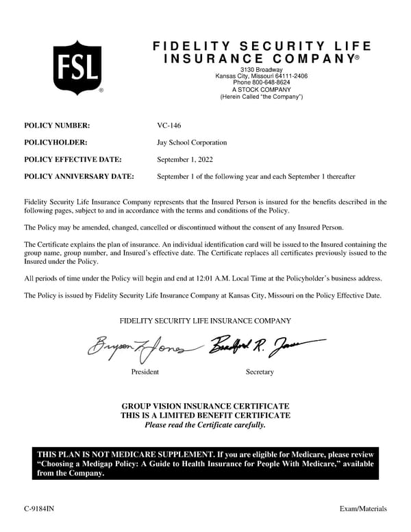 Group Vision Insurance Certificate - Page 1