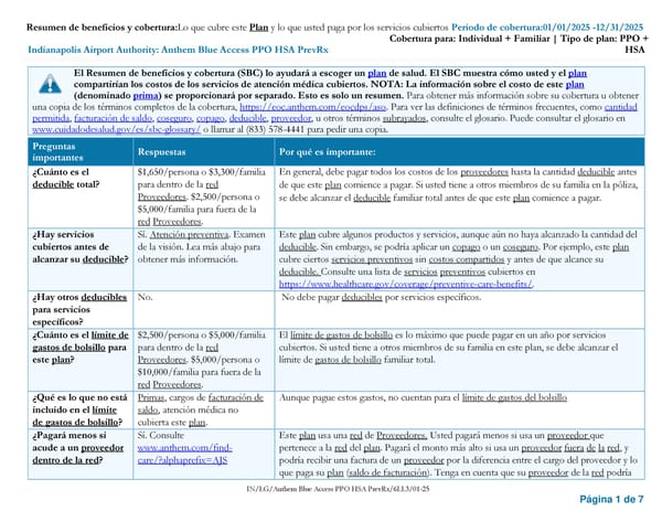 [Spanish] PPO + HSA + PrevRx Resumen de beneficios y cobertura - Page 1