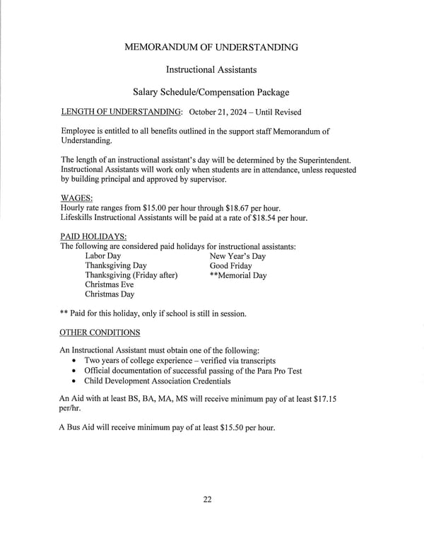 Jay School Corporation Support Staff Memorandum of Understanding - Page 22