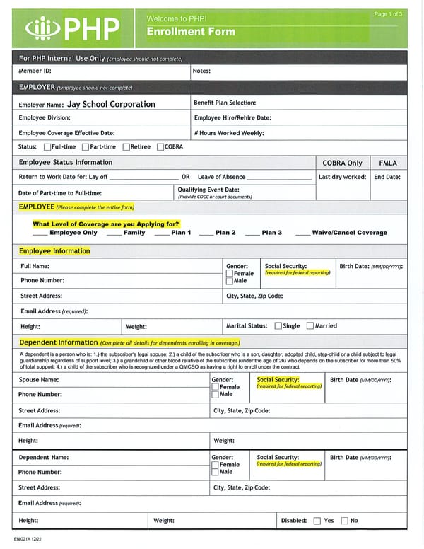 PHP Enrollment Form - Page 1