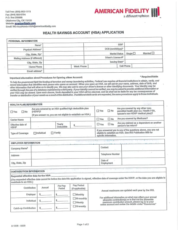 HSA Application - Page 1