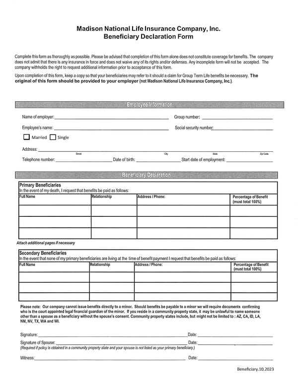 Life Insurance Beneficiary Form - Page 1