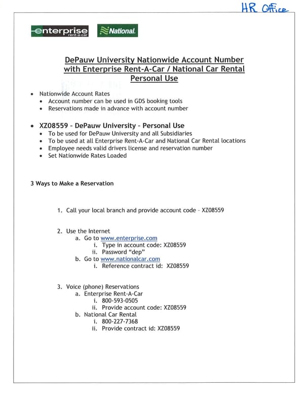 DePauw University Nationwide Car Rental Account Guide - Page 1