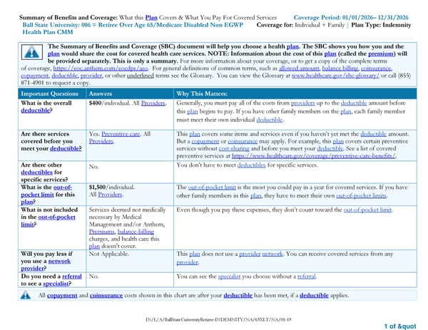 Summary of Benefits and Coverage: Retiree Over Age 65/Medicare Disabled Non EGWP Health Plan CMM - Page 1