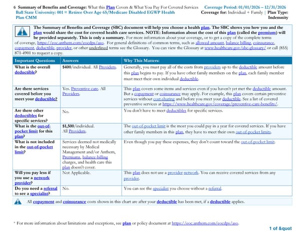 Summary of Benefits and Coverage: Retiree Over Age 65/Medicare Disabled EGWP Health Plan CMM - Page 1
