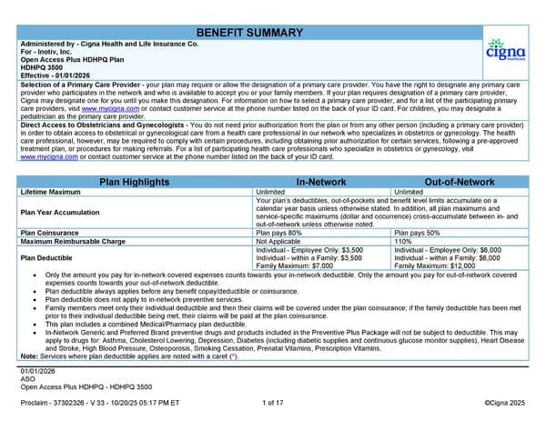 2026 Cigna Health Plan Benefit Summary HDHP 3500 - Page 1