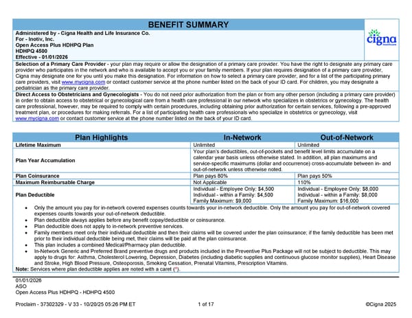 2026 Cigna Health Plan Benefit Summary HDHP 4500 - Page 1