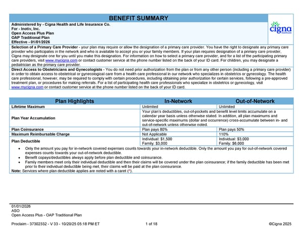 2026 Cigna Health Plan Benefit Summary Traditional Plan - Page 1