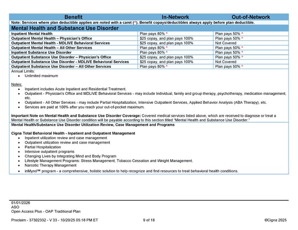 2026 Cigna Health Plan Benefit Summary Traditional Plan - Page 9