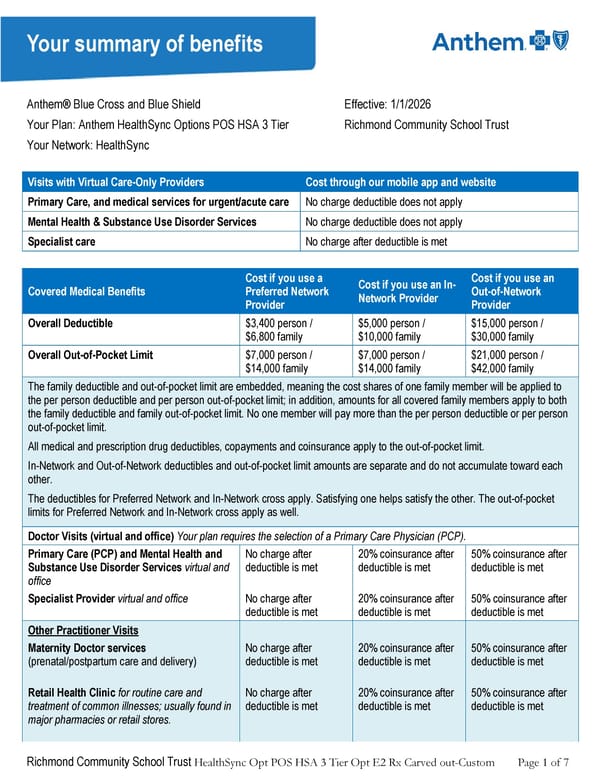Anthem Summary of Benefits HDHP #1 - Page 1