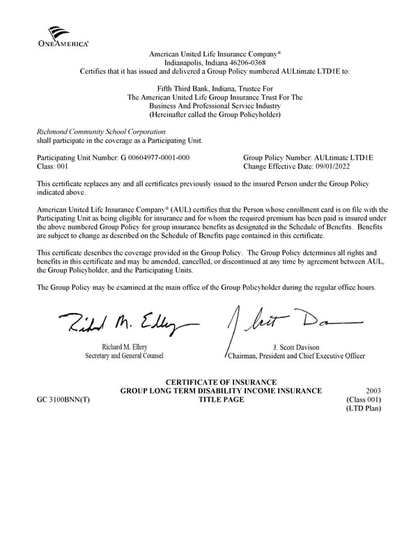 Certificate of Insurance for Group Long Term Disability Income Insurance - Page 1