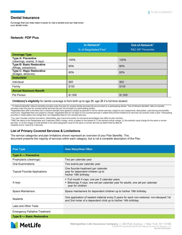 Dental Insurance Plan Summary - Page 1