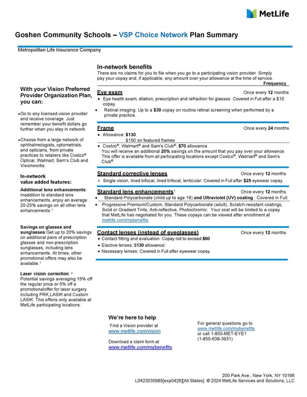 Vision Plan Summary - Page 1