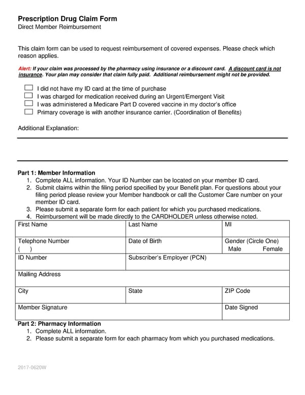 Prescription Drug Claim Form - Page 1