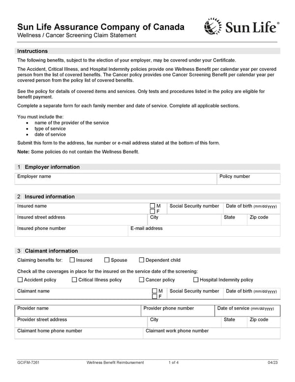 Wellness Claim Form - Page 1