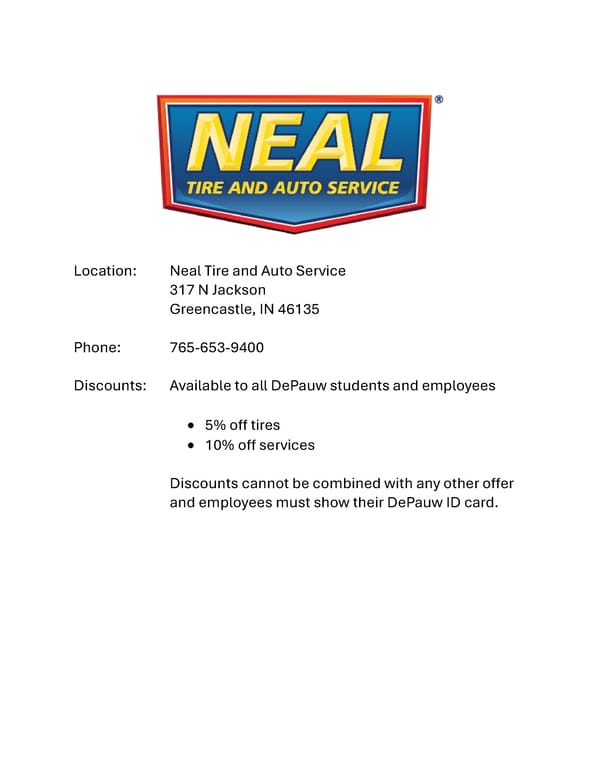 Neal Tire and Auto Service Student Discounts - Page 1